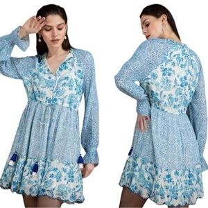 NWOT Hemant & Nandita Kaiyo Blue and White Floral Mini Dress